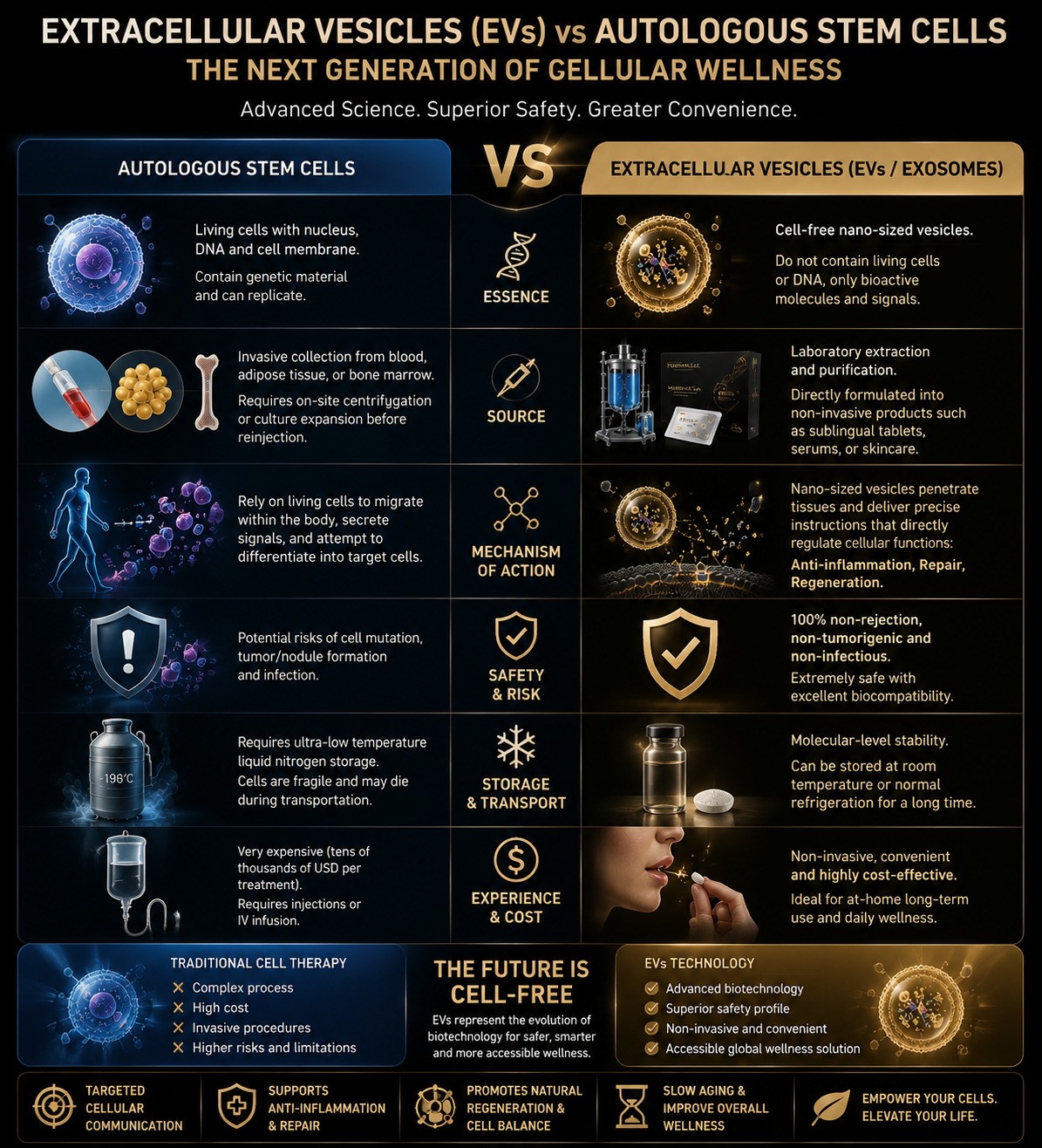 Provided comparison graphic: autologous stem cells and cell-free extracellular vesicles